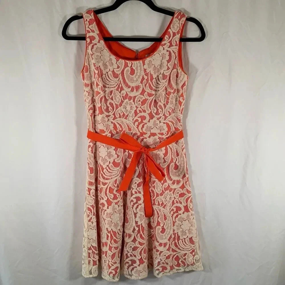Dress Barn Mini Dress Women's 4 Petite Orange WHite Lace Overlay Sleeveless